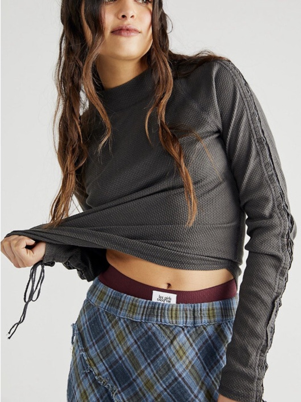 Free People Long Route Cuff laced Up Seeve Mock Neck Thermal Top